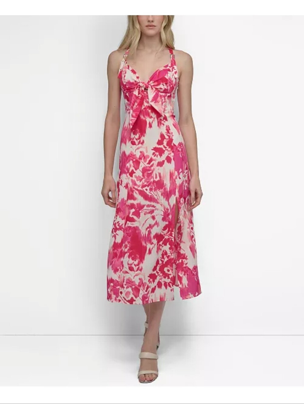 DKNY Pink Floral Maxi Dress Tie Front Adjustable Strap Summer Resort Evening
